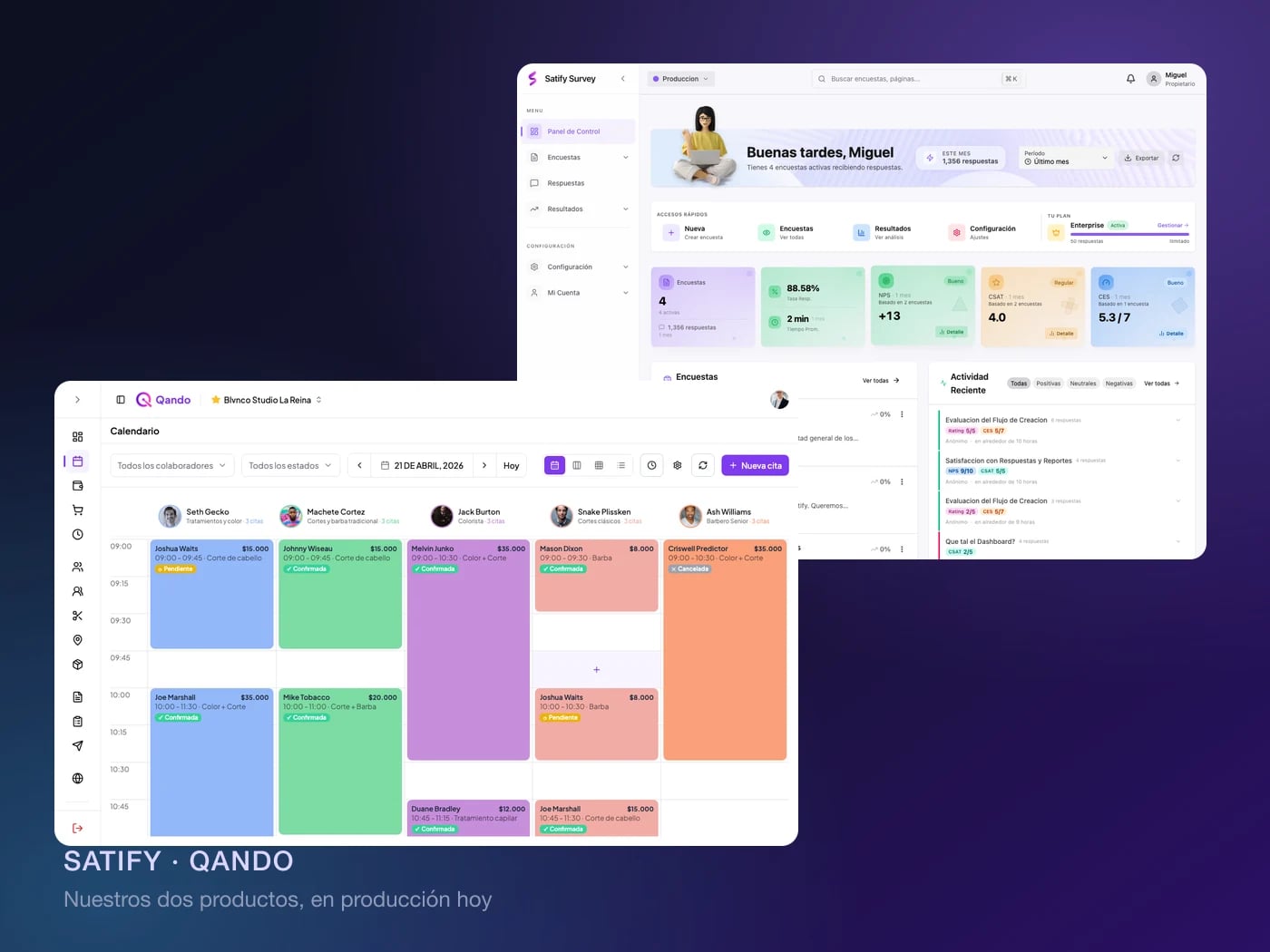 Paneles de Satify y Qando, los dos productos que Human Creative Lab opera en producción
