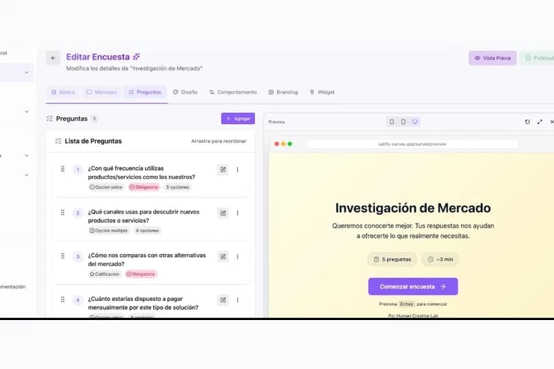 Editor de encuestas de Satify con la lista de preguntas y la vista previa al lado